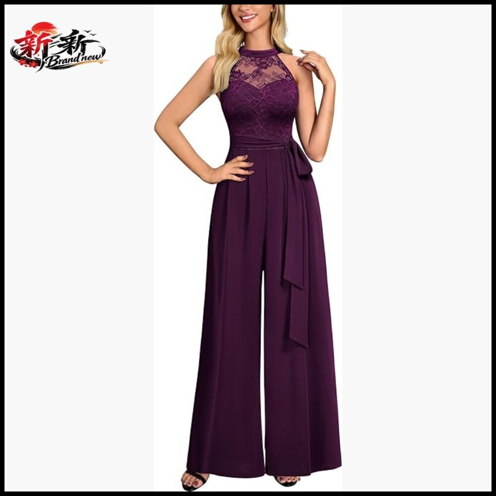 Sexy Halter Neck Sleeveless Floral Lace Jumpsuit With Belt